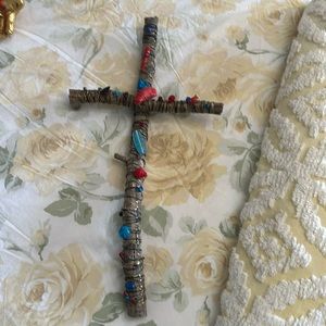 New Mexico Pinion Wire Wrapped Charm Cross Milagros Religious Relic Coral